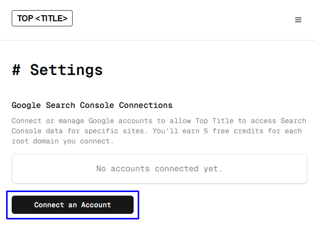 GSC connection settings page - initial state