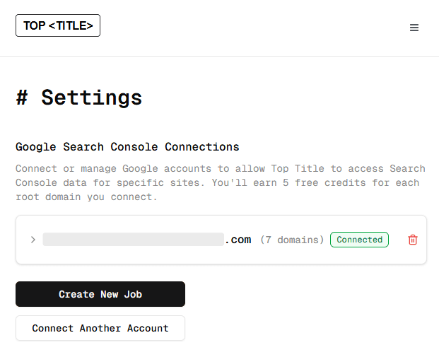 GSC connection settings page - successfully connected account