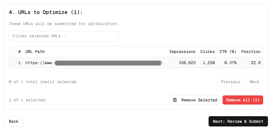 URLs to Optimize table showing selected URLs and their GSC data