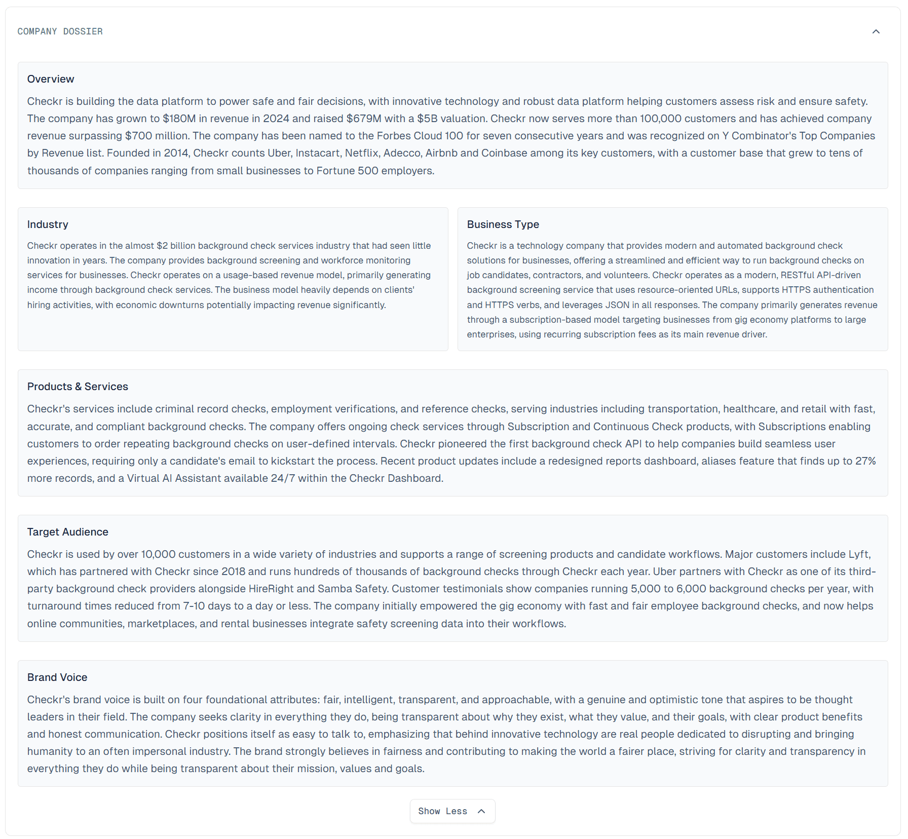 Example company dossier showing comprehensive brand analysis including overview, industry context, business type, products & services, target audience, and brand voice analysis