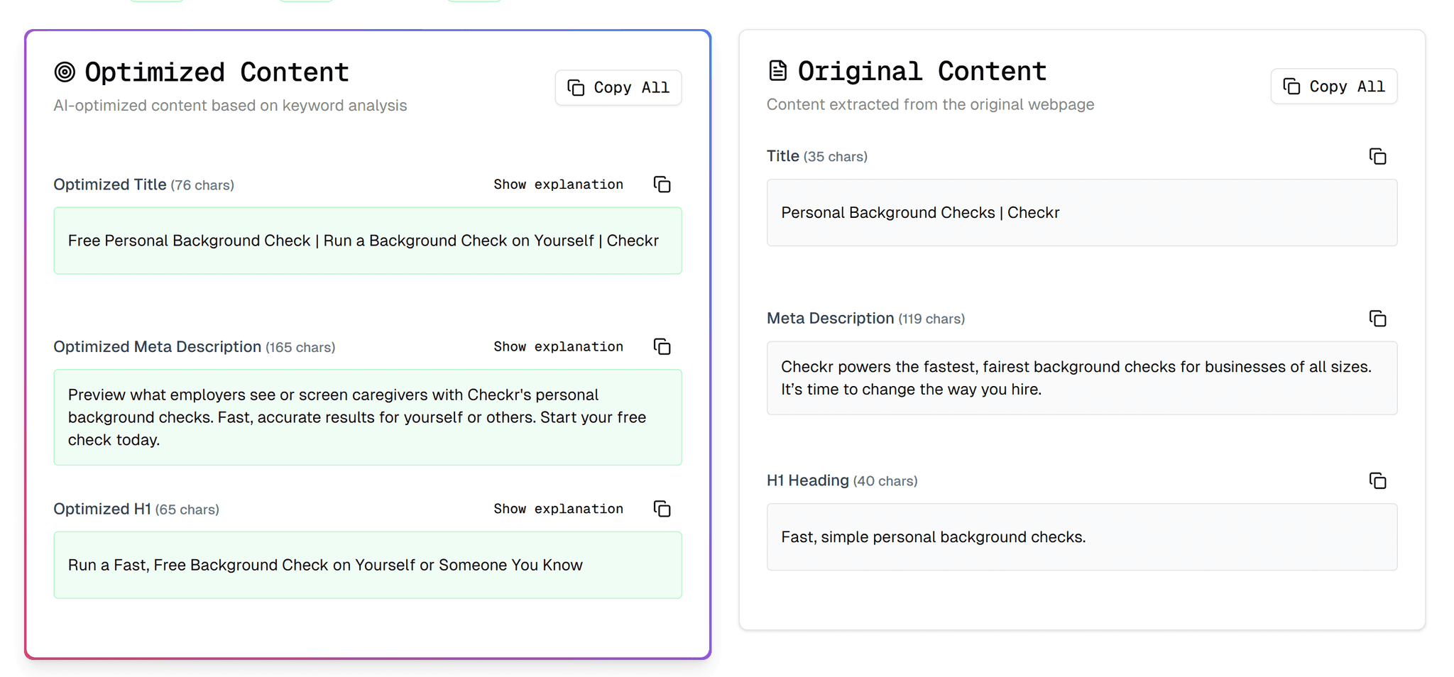 Side-by-side comparison of optimized vs original content showing collapsed explanations with 'Show explanation' buttons for title, meta description, and H1 optimizations